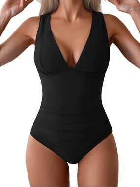 Plunge V-Neck Black One-Piece Swimsuit - Women